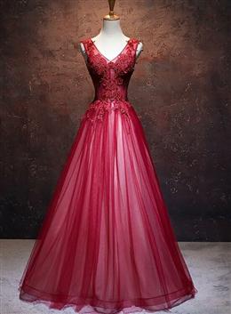 Picture of Lovely Wine Red Color V-neckline Tulle Party Gown, A-line Prom Dresses